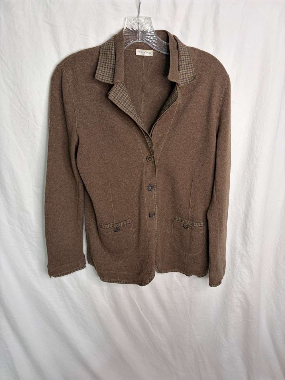 Rivamonti Brown Knit Button-Front Cardigan with Check Trim
